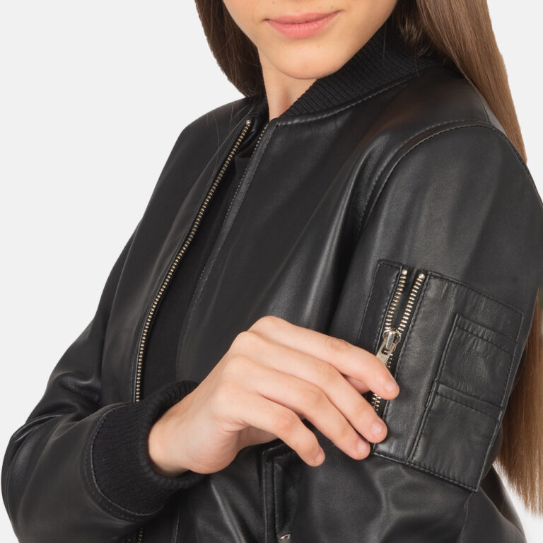 Womens Ava Ma-1 Black Leather Bomber Jacket Close-Up-9-1659371545390
